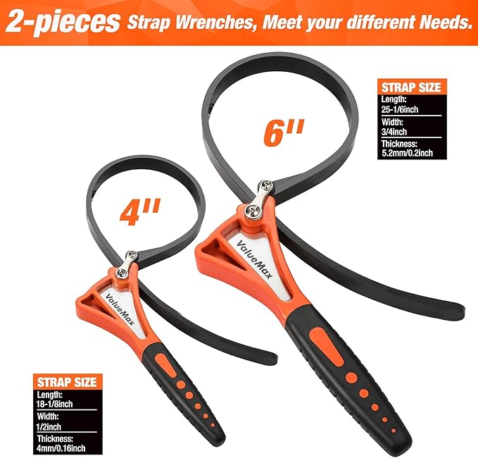 ValueMax 2-piece Strap Wrench Set, Adjustable Oil Filter Wrench with Max Diameter 4" (Small) & 6" (Large) for Shower Head Water Filter, Jar Opener Set