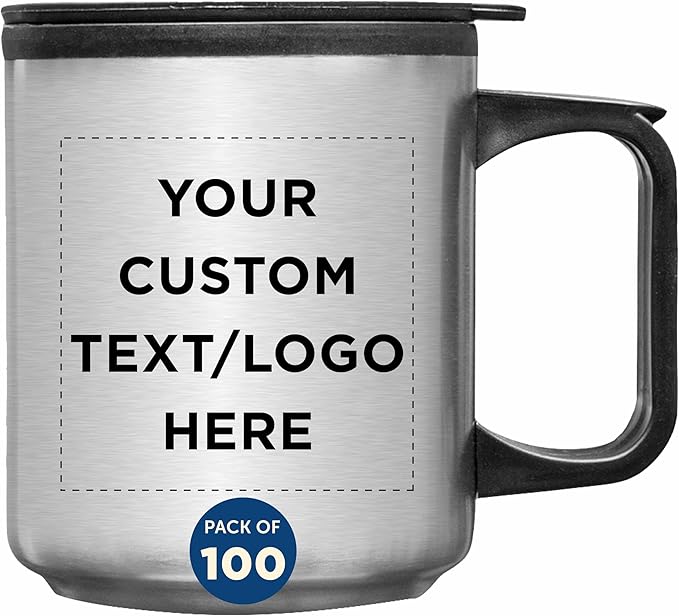 DISCOUNT PROMOS Custom Stainless Steel Travel Mugs with Handle 12 oz. Set of 100, Personalized Bulk Pack - Perfect for Coffee, Soda, Other Hot & Cold Beverages - Stainless Steel