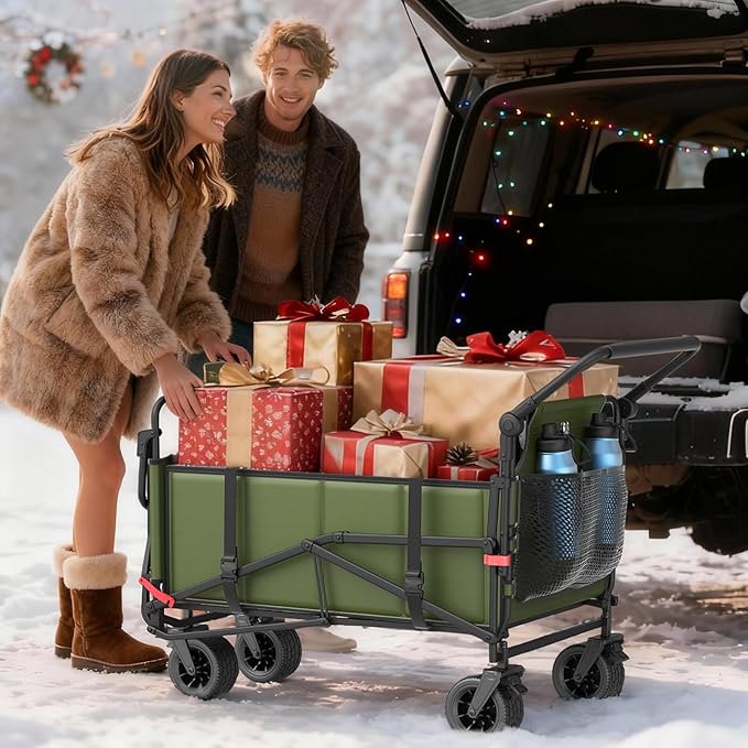 LEVELEVE Heavy Duty Folding Wagon - 2-in-1 Collapsible Cart, 650lb Capacity, All-Terrain Wheels w/Brakes & Side Pockets (Army Green)