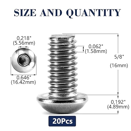 3/8-16 x 5/8" Button Head Socket Cap Bolts Screws, 20Pcs 304 Stainless Steel 18-8, Allen Hex Drive, Bright Finish by SG TZH(with Hex Spanner)