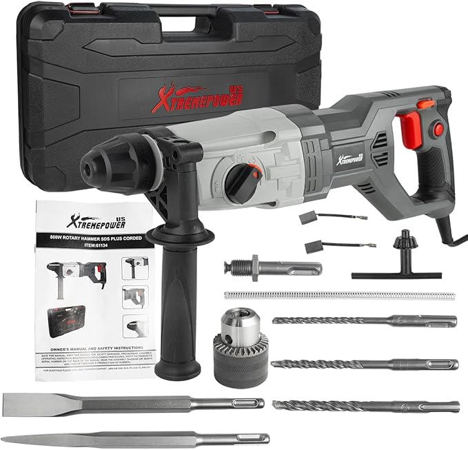 XtremepowerUS 800W SDS-Plus Electric Rotary Hammer Drill, Demolition Chiseling & Drilling Bits Set with Case