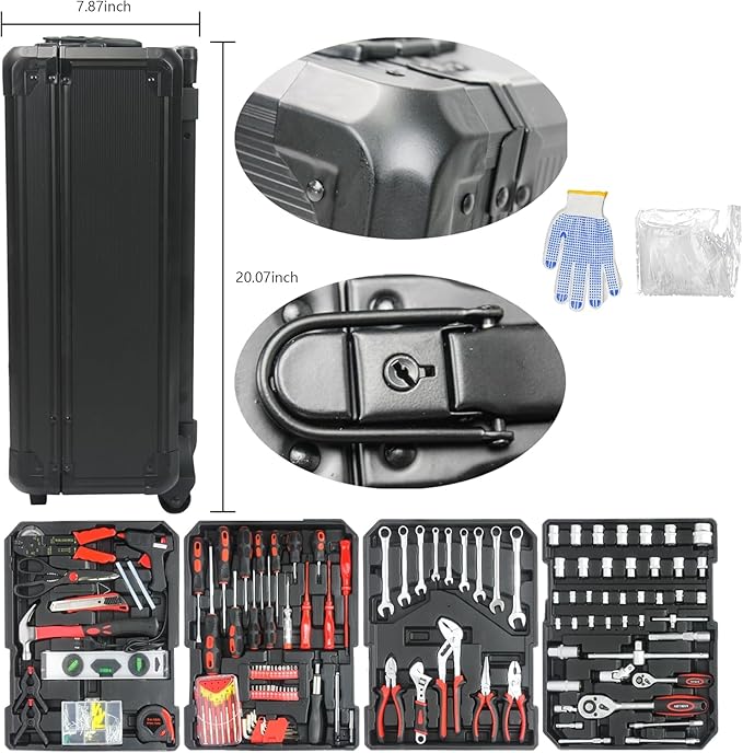 Aokleo 899PCS Tool Set, Household Tool Kit with Rolling Tool Box, Complete Tool Box Set Hand Tool Set with Tool Box, Mechanic Tool Set Rolling Tool Set for Auto Repair/Home Tool Set (Black)