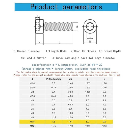 M10-1.5 x 16mm Socket Head Cap Screws Metric, Hex Socket Screw, Allen Socket Drive, 304 Stainless Steel (A2-70), Full Thread, Bright Finish, Machine Thread, DIN912,10 Pcs