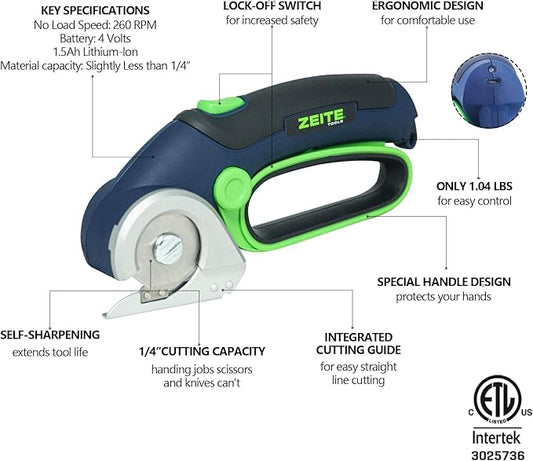 ZEITE 4V Cordless Electric Scissors,Cardboard Cutter with 2 Blades,Storage Box,USB Charging Cable,Power Rotary Cutter,Max Cutting 1/4",for Cardboard Box,Thin Carpet & Plastic, Easy to Hold and Safe