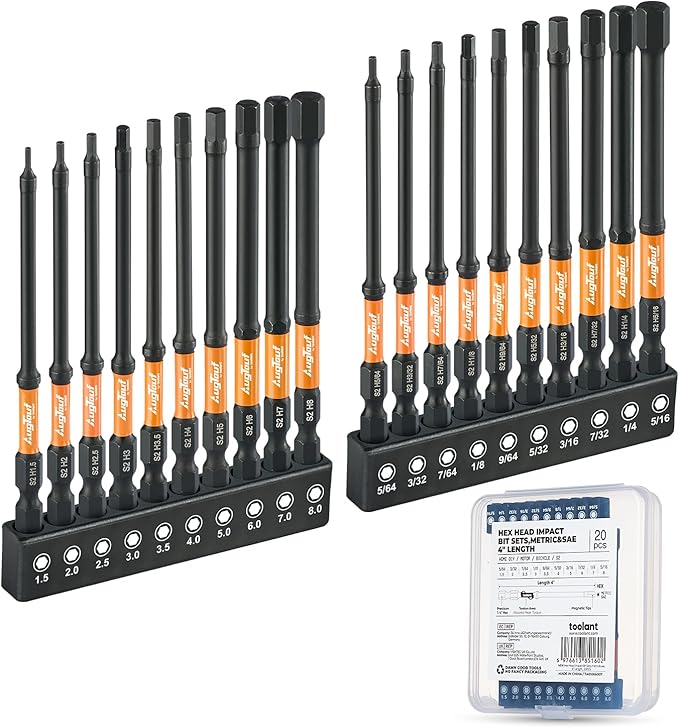 Toolant Impact Allen Wrench Drill Bit Set 20pcs (Metric & SAE), 1/4" Hex-Shank S2 Steel Hex Bits, CNC Machined Tips with Magnetism, 4" Long with Storage Box