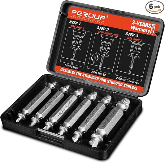 6-Piece Damaged Screw Extractor Set, #0 - #4, Easy Out Left Hand Drill Bits & Spiral Flute Extractors for Broken, Stripped, Rusted Bolts in Metal, Wood, Automotive, Gifts for Men