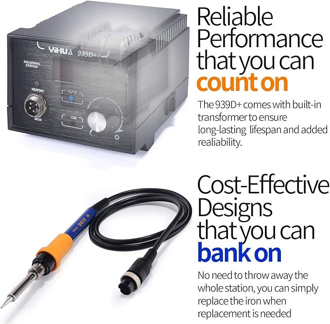 YIHUA 939D+ Digital Soldering Station, 75W Equivalent with Precision Heat Control (392째F to 896째F) and Built-in Transformer. ESD Safe, Lead Free with 째C/째F display (Black)