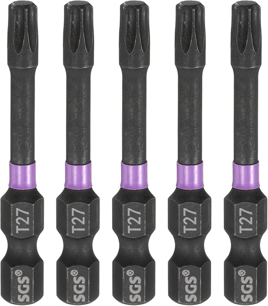 HARFINGTON 5pcs T27 Torx Head Impact Screwdriver Bits 1/4" Hex Shank 2" (50mm) Long Magnetic No Hole Tamper Proof 6 Point Star Screw Driver Drill Bits Phosphate S2 Steel Power Tools