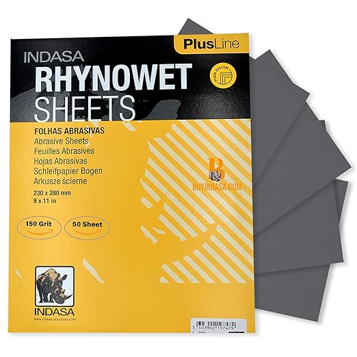 Indasa 50 PCS 9x11??Wet & Dry Sandpaper Sheets, 150 GRIT, Rhynowet Clog-Resistant Abrasive for Wood, Metal, Auto, Paint & Clear Coat Finishing, Sand Paper Aluminum Oxide, Plusline