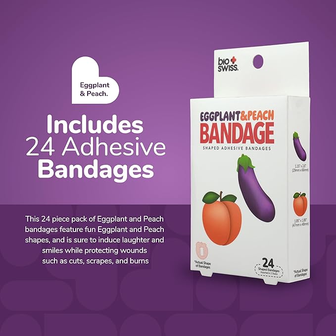 BioSwiss Funny Bandages, Eggplant and Peach Shaped Adult Novelty Self Adhesive Bandage Set, Latex Free, Sterile Wound Care, 24 Count