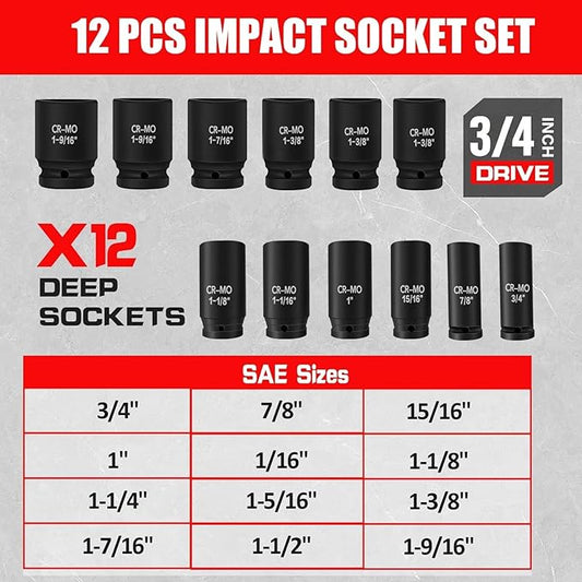 3/4 Inch Drive Deep Impact Socket Set,6-Point,SAE (3/4"-1-9/16"),12 Pcs,Cr-Mo,Heavy Duty Impact Socket Set for Automotive & Industrial Machinery,With a Storage Case