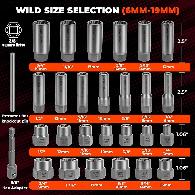 Deep Bolt Extractor Set,28 PCS Impact Bolt & Nut Remover Set,Stripped Lug Nut Remover,Extraction Socket Set for Removing Spark Plug,Damaged Rounded-Off Bolts,Nuts,Studs,Threaded Tubes