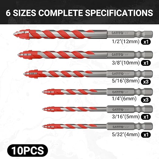 CATITO Multi-Tooth Concrete Drill Bit Set - 10PCS - red, Multi-Tooth Masonry Drill Bit, Carbide Tipped, Hexagonal Shank Drill bit, Glass, Brick, Ceramics, Plastic and Wood