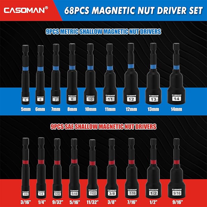 CASOMAN 68-Piece Magnetic Nut Driver Set for Impact Drill, Metric & SAE, Includes Screwdriver Bits, Quick-release Bit Extension Holder, Socket Adapters & Wing Nut Driver