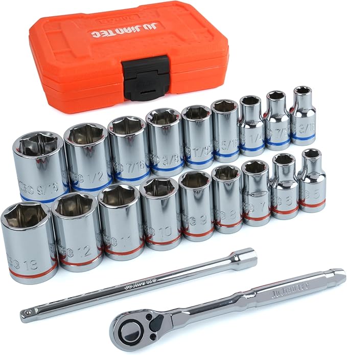 20-Piece 1/4" Drive Shallow Socket Set, SAE/Metric (3/16"-9/16" & 5mm-13mm) with Ratchet & Extension Bar, Premium Chrome Vanadium Steel, 6-Point, with Molded Case