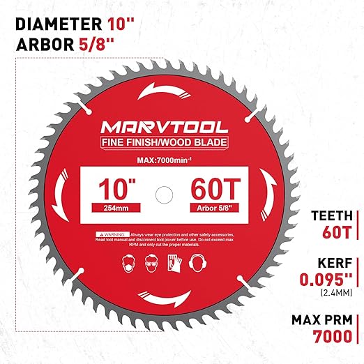 10-Inch 60-Tooth Circular Saw Blade, Max 7000 RPM, Fine Finish Wood Crosscutting, Tungsten Carbide Tooth with 5/8 Inch Arbor for Miter Saws & Table Saws