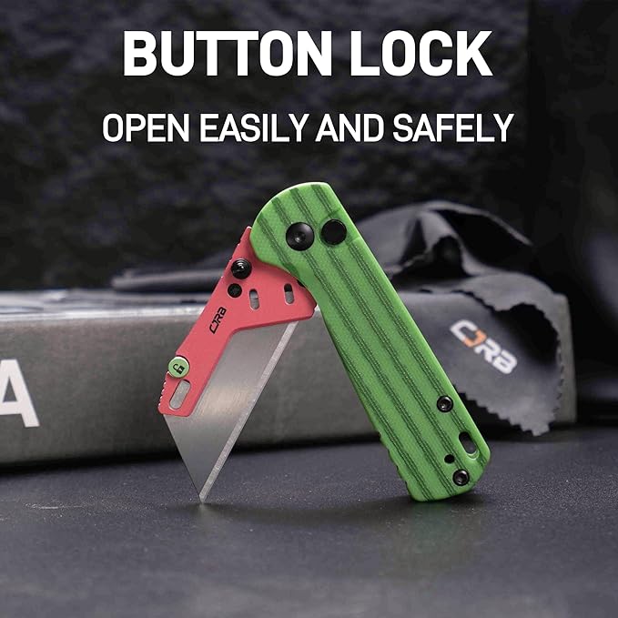 CJRB Boxer Folding Utility Knife, Button Lock EDC Pocket Knife with G10 Handle, Includes 10PCS Total Blades(J1967 Watermelon Green)