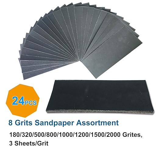 24PCS Sandpaper Variety Pack with 1 Hand Sander, 3.6 x 9inch Sand Paper Sheets 180 to 2000 Grits Assorted for Small Projects, Wood Furniture Finishing, Metal Sanding, Automotive Polishing