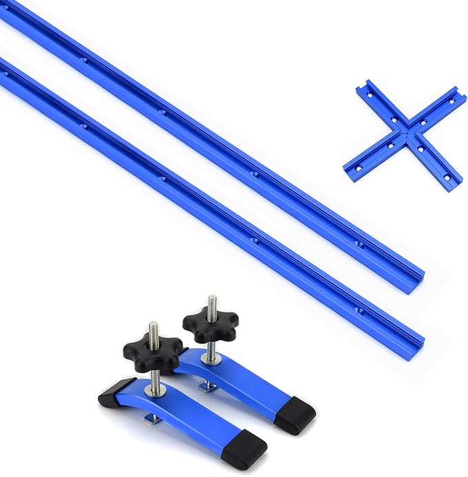 2pack 24" T-Track with 2 Hold-Down Clamps & Intersetion for Woodworking with Screws, Aluminum Alloy Woodworking Tools Double Cut Profile Universal T-Tracks with Predrilled Mounting Holes