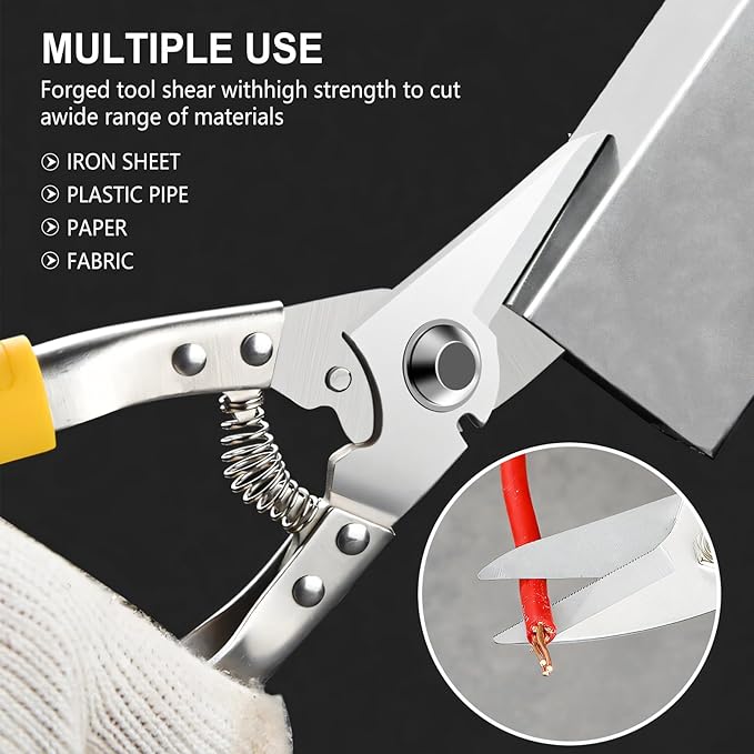 Heavy Duty Scissors, Cardboard Scissors, with Finely Serrated High Carbon Stainless Steel Blades- easy Cuts Electrical Cable Notch, Gardening Pruning, Leather, Solid Copper Wire, Insulated Cable, etc
