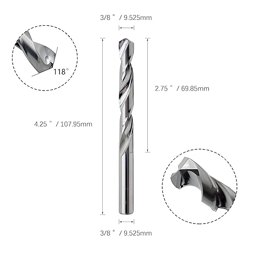 LUMA 3/8" Solid Carbide Jobber Drill Bits with Straight Shank and 118째 Point Angle, Made from Tungsten Carbide Material,5-Pieces