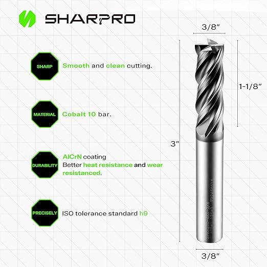SHAPPRO 3/8 Inch Shank Carbide Square End Mill, 4 Flute CNC End Mills, Heat-Resistant Metal Endmill Suitable Alloy Steel, Stainless Steel, Various Cast Iron（5PCS）