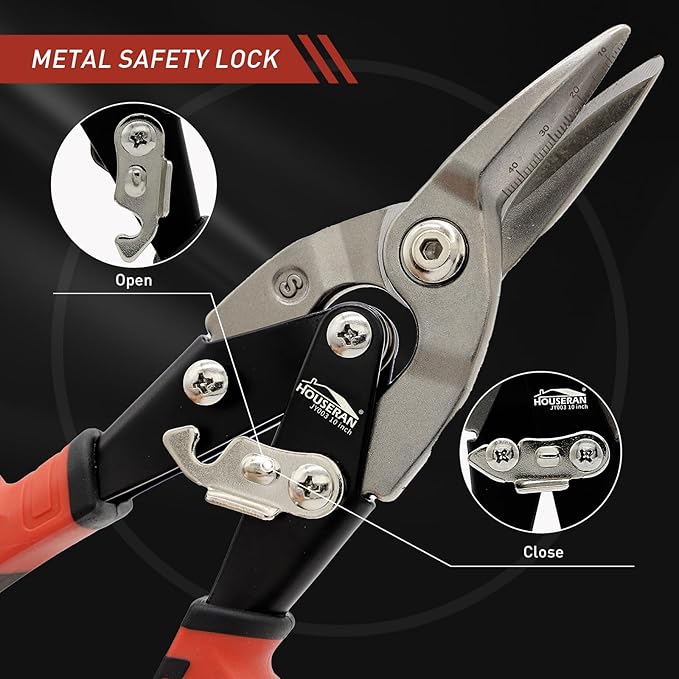 10 Inch Aviation Tin Snips, Regular Straight Cut, Heavy Duty CR-MO Metal Cutter with Double Lever, Scale Markings & Safety Lock, Shears Scissors for Cutting Metal Sheet