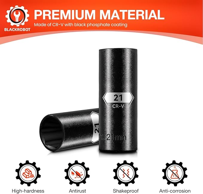 BLACKROBOT 1/2 Inch Drive 6-Point Deep Socket, 21mm Deep Impact Socket, CR-V Steel