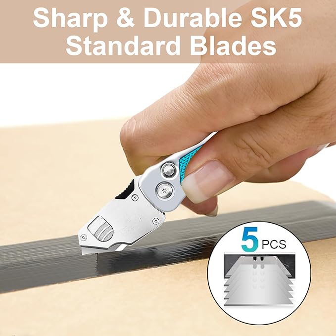 Vickay Box Cutter, Utility Knife with Clip, Stainless Steel Body Handle, Quick-change Blade and Safety Axis Lock, Razor Knife, Cardboard Cutter with Extra 5PC SK5 Blades (Green)