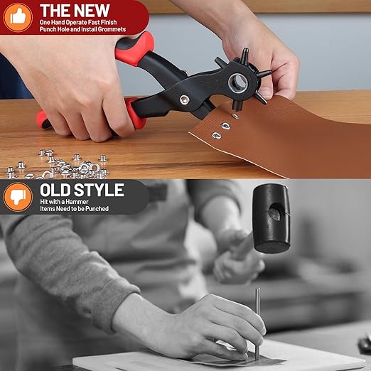 2 in 1 Leather Hole Punch, 3/16" 4.5mm Revolving Hole Puncher with Metal Eyelets for Leather, Belts, Watch Bands, Fabric, Plastic, DIY Handmade Production