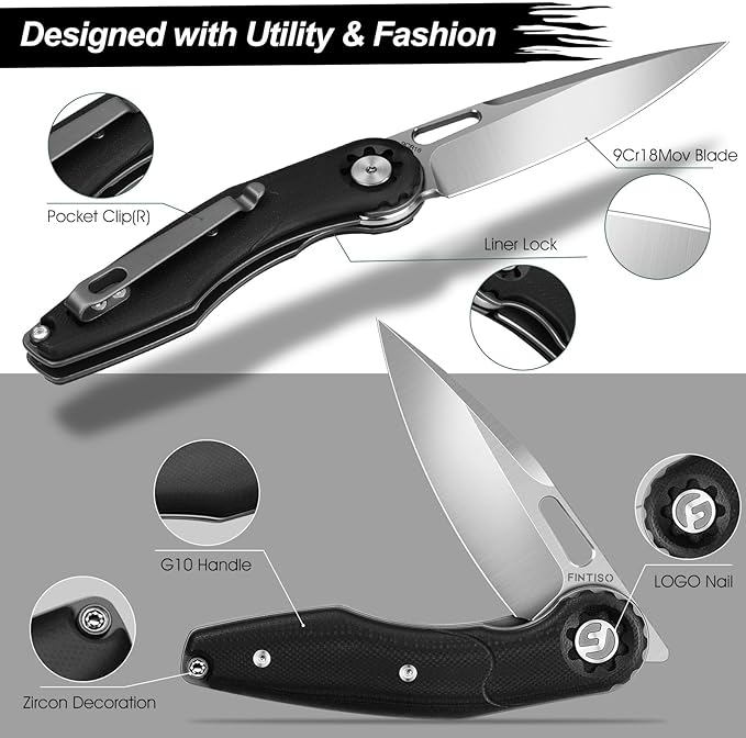 FINTISO Pocket Knife 3" Folding Knife 9Cr18MoV Blade, G10 Handle Design with Pocket Clip for Men Women, Small EDC Knife for Camping, Hunting, Hiking, Survival and Outdoor Activities, ROOK Series