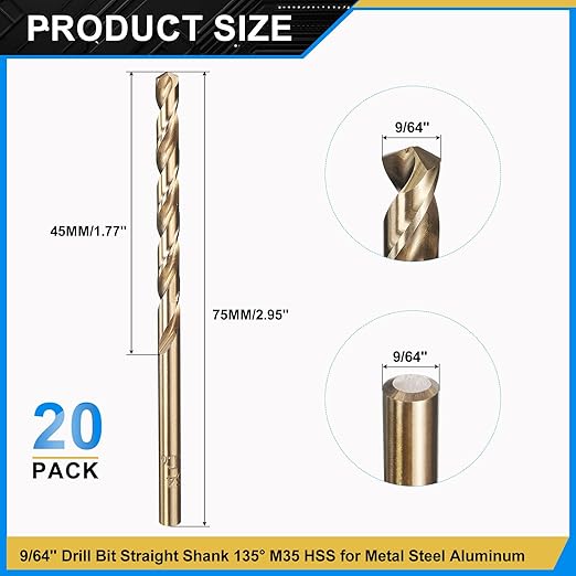 PATIKIL 9/64" Drill Bit, Jobber Straight Shank M35 Cobalt 5% High-Speed Steel 135째 Gold Finish for Stainless Steel Hard Metal - 20 Pack