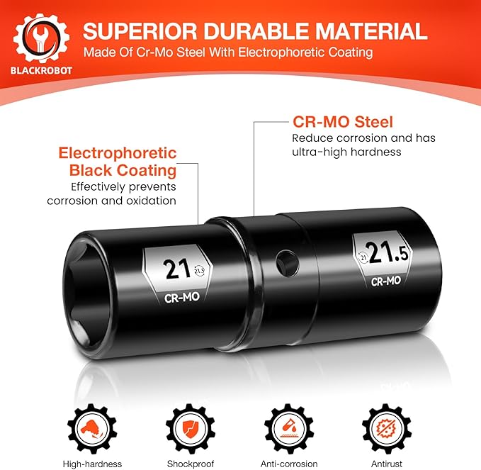 BLACKROBOT 1/2" Drive 21mm x 21.5mm Impact Lug Nut Socket, Half Size Lug Nut Removal Tool, CR-MO, 6-Point, Electroplated Surface for Auto Repair