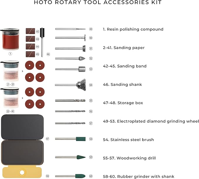 HOTO Rotary Tool Accessories Kit, 60-Piece Set, Fits 1/8'' (3.2mm) & 3/32'' (2.3mm), Sanding, Grinding, Cutting, Drilling, Sharpening, Carving & Engraving