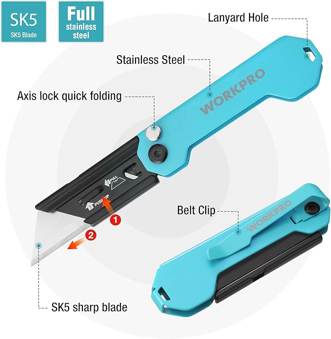 WORKPRO 2PCS EDC Folding Utility Knife, Mini Box Cutter with Quick Open Axis Lock, Quick Change Blade Razor Knife, Foldable Small Pocket Knife with Belt Clip, 2 Packs with 10 Extra Blades