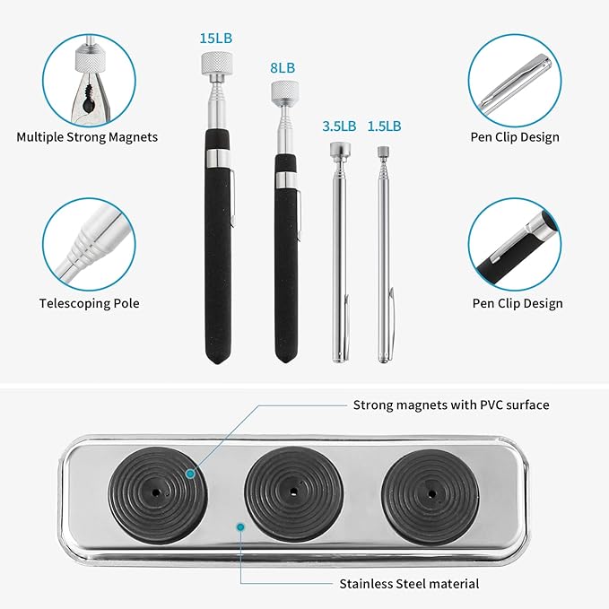 5 PCS Magnetic Telescoping Pick up Tools, 15 LBS, 8 LBS, 3.5 LBS, 1.5 LBS Magnet Stick Screws Parts Finder, with Rectangle Magnet Tray, Pickup Nails, Metal Retrieving