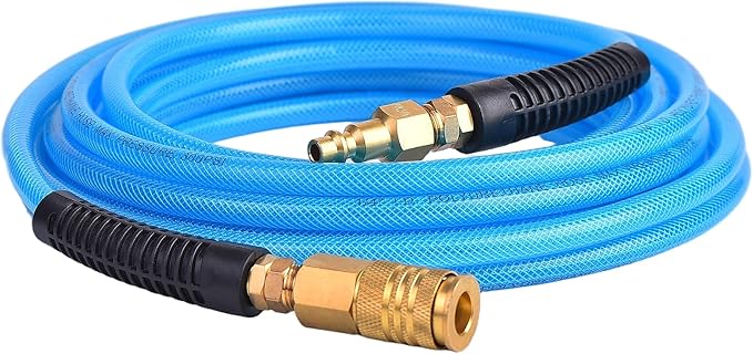 25FT 1/4 Inch Reinforced Polyurethane Air Hose for Compressor - Flexible Heavy Duty Braided Pneumatic Hose with Quick Connect Fittings 300 PSI for Garage Shop Automotive Use