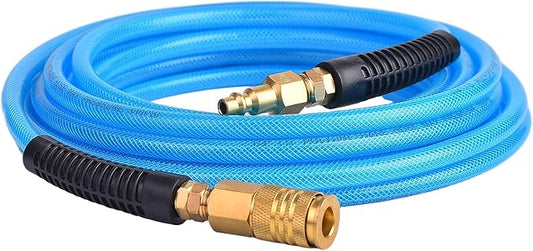 25FT 1/4 Inch Reinforced Polyurethane Air Hose for Compressor - Flexible Heavy Duty Braided Pneumatic Hose with Quick Connect Fittings 300 PSI for Garage Shop Automotive Use