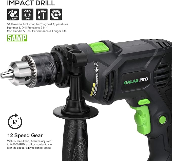 GALAX PRO 5Amp 1/2-inch Hammer Drill with 105pcs Accessories, Variable Speed 0-3000, Hammer and Drill 2 Functions in 1, 360째Rotating Handle, Depth Gauge, Carrying Case Included