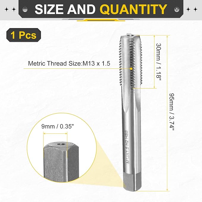 uxcell Hand Plug Tap M13 x 1.5 H2 Metric Thread Plug Style Taps Straight Flute Screw Tapping Threading Tool High Speed Steel HSS6542