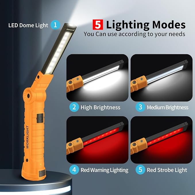 Suranew Rechargeable LED Work Light for Mechanics - Yellow Magnetic Base 360째 Rotatable Flashlight, 5 Modes Valentine?셲 Day Gifts for Men Him - Ideal for Car Repair, Camping & Workshop Tools