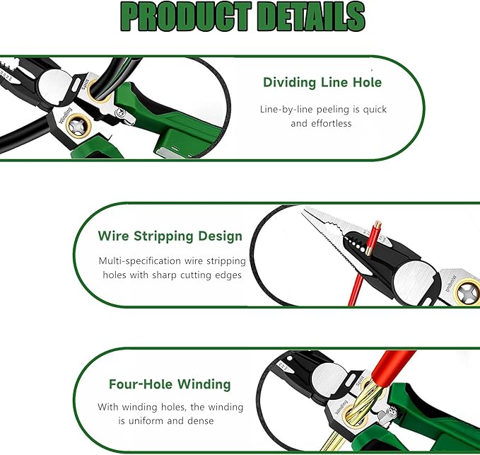 NENOWOND 2025 Upgraded 8-in-1 Wire Stripper with Voltage Tester ??Multifunctional Heavy-Duty Electrical Pliers, Professional Wire Cutter & 12??50V AC/DC Hot/Neutral Tester (Green)