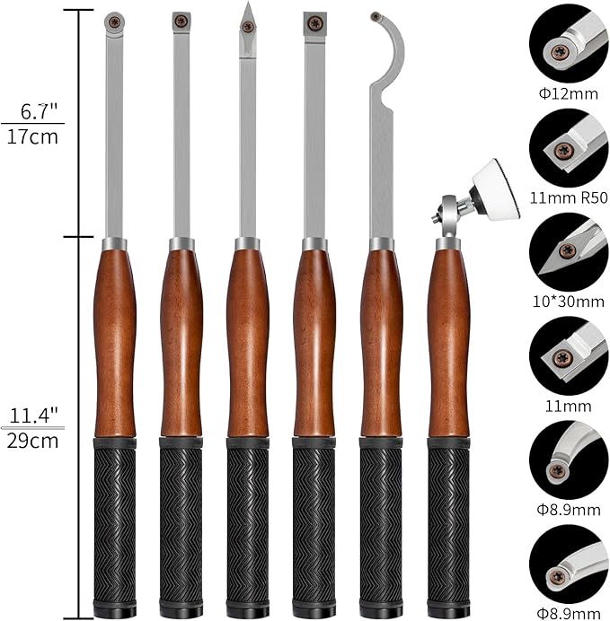 Full Size Carbide Wood Lathe Turning Tool Kit with Bowl Sander,6pcs 18" Professional Carbide Lathe Tools with Wooden Box including Swan Neck Hollower, Rougher, Finisher,Beech Handle with Rubber