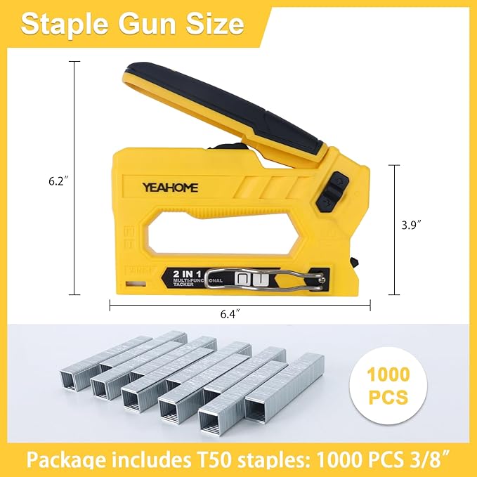 YEAHOME 2 in 1 T50 Heavy Duty Staple Gun Kit, Upholstery Staple Gun with 1000 T50 Staples of 3/8 Inch, Manual Stapler Gun for Wood, Crafts, Wall, DIY & Professional Use