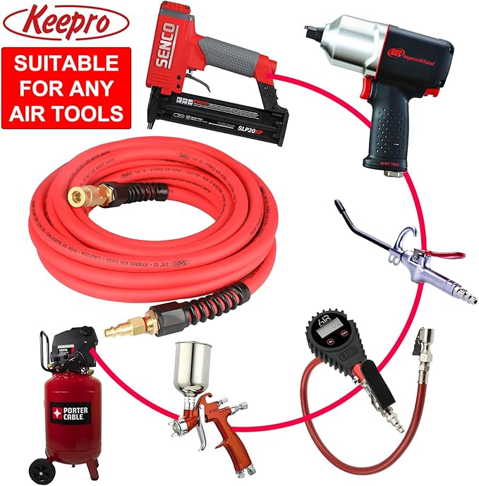 Keepro Hybrid Air Hose, Flexible 3/8 Inch ID x 100 Feet Long Air Compressor Hose with Repairable Solid Brass 1/4" Industrial Quick Coupler and Plug, 300 PSI Maximum Pressure, Red