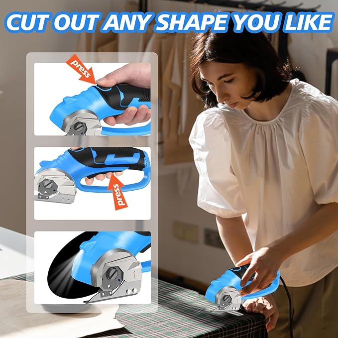 Cordless Electric Scissors, 4V Rechargeable Box Cutter & Cardboard Cutter with Titanium Blade, LED Light, Safety Lock - Rotary Cutter for Fabric, Leather, Carpet, Plastic, Crafting, Sewing (Blue)