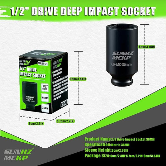 SUNHZMCKP 36mm Socket | 1/2??Drive Deep Impact Socket | 6 Point |CR-MO | Spindle & Axle Nut Impact Grade Socket for Easy Removal (METRIC 36 mm)