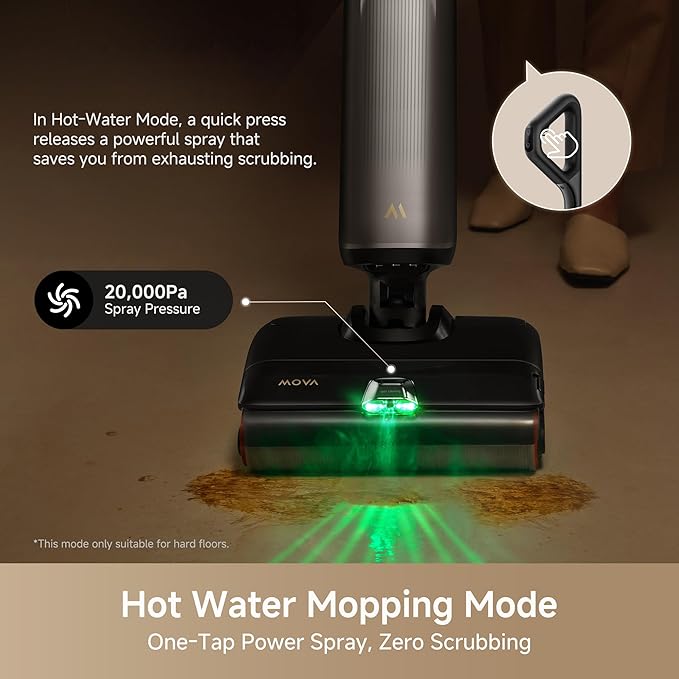 Mova X4 Pro Wet Dry Vacuum Cleaner, 20000Pa Cordless Vacuum Mop with Zero Tangle, Hot Water Mopping for Sticky Messes,194??Hot Air Self Drying, 180째 Lie Flat, Push-in Charging Station, LED Display