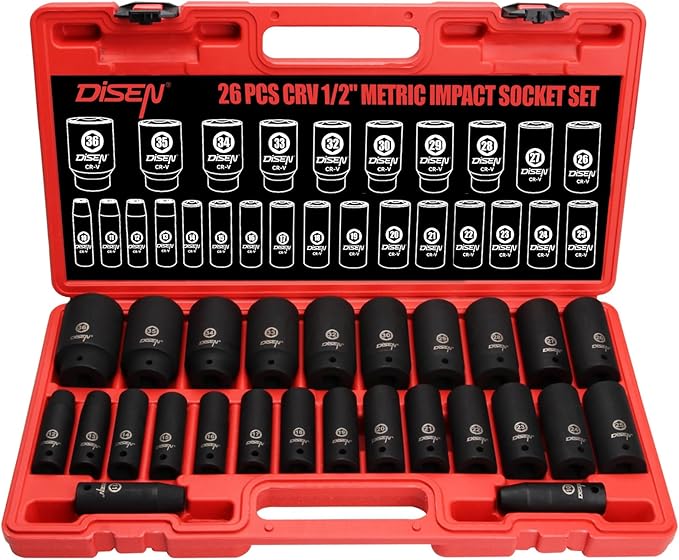 DISEN 26 Pcs Metric 1/2" Impact Socket Set, Deep Sockets Set Impact, 6-Point,Cr-V,Rugged Construction 1/2 Inches Drive Socket 10mm - 36mm, with a Storage Cage