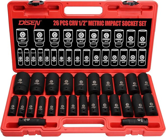 DISEN 26 Pcs Metric 1/2" Impact Socket Set, Deep Sockets Set Impact, 6-Point,Cr-V,Rugged Construction 1/2 Inches Drive Socket 10mm - 36mm, with a Storage Cage